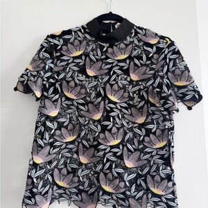 Self- Portrait Floral Embroidered Short Sleeve Zip-Back Top - Black & Dusty Pink